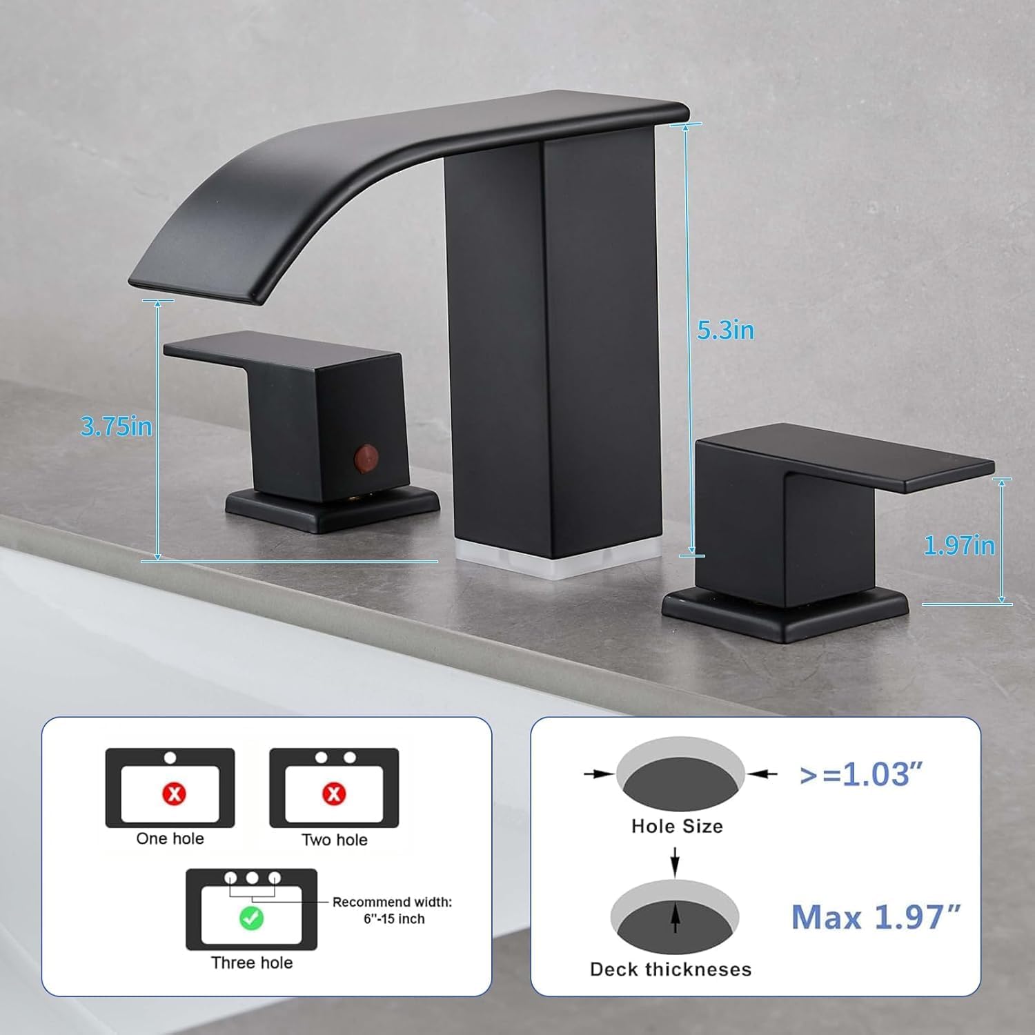 LED Light Black Waterfall Bathroom Faucet 3 Holes - 8Inch Widespread Bathroom Sink Faucet | Two Handles Lavatory Vanity Sink Faucets with Pop-up Drain Assembly & Supply Lines - Image 4