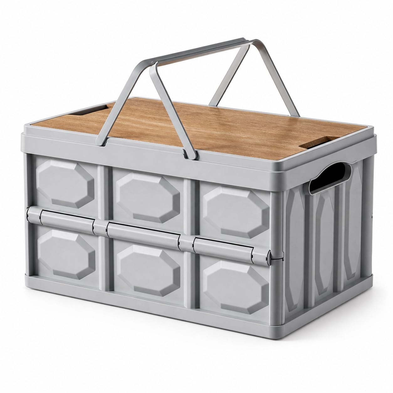 Faltbare Aufbewahrungsbox Aufbewahrungsbox Kiste Korb Container mit Stabilem Holzdeckel als Kleine Ablage Oder Schneidebrett Langlebiges PP Material, Grau, Groß