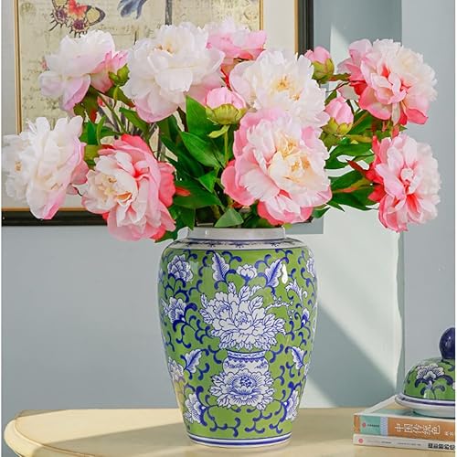 Miniatura 5 de ZHOUXIAO Jarrón de jengibre de cerámica verde con tapa, tarro de templo floral de porcelana decorativa tradicional china, jarrones de flores