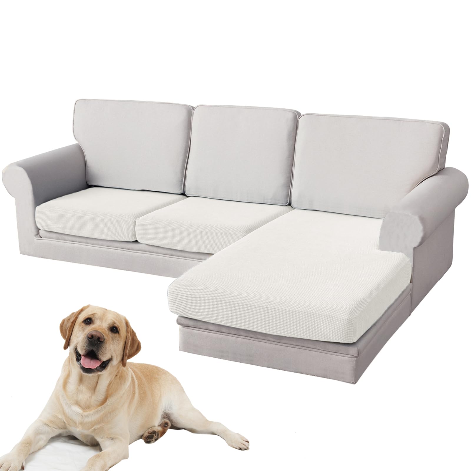 SYLC Set of Sofa Seat Cushion Cover Stretch, Sofa Cushion Cover Jacquard Couch Cushion Covers for Sectional Sofa L Shaped Non Slip Furniture Protector (Ivory,2 XL Seats+1 XL Chaise)