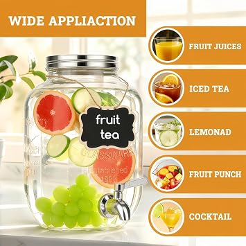 4L Glass Drink Dispenser with Tap, 2 Pack Beverage Server