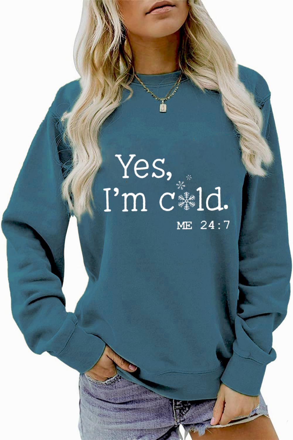 Yes I'm Cold Me 24:7 Sweatshirt for Women Funny Letter Print Winter Sweatshirt Crewneck Pullover Top