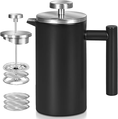 WORBIC Prensa francesa de 12 onzas, prensa de café de acero inoxidable con sistema de filtración de 3 niveles y 3 pantallas de filtro adicionales, WORBIC Prensa francesa de 12 onzas, prensa de café de acero inoxidable con sistema de filtración de 3 niveles y 3 pantallas de filtro adicionales,
