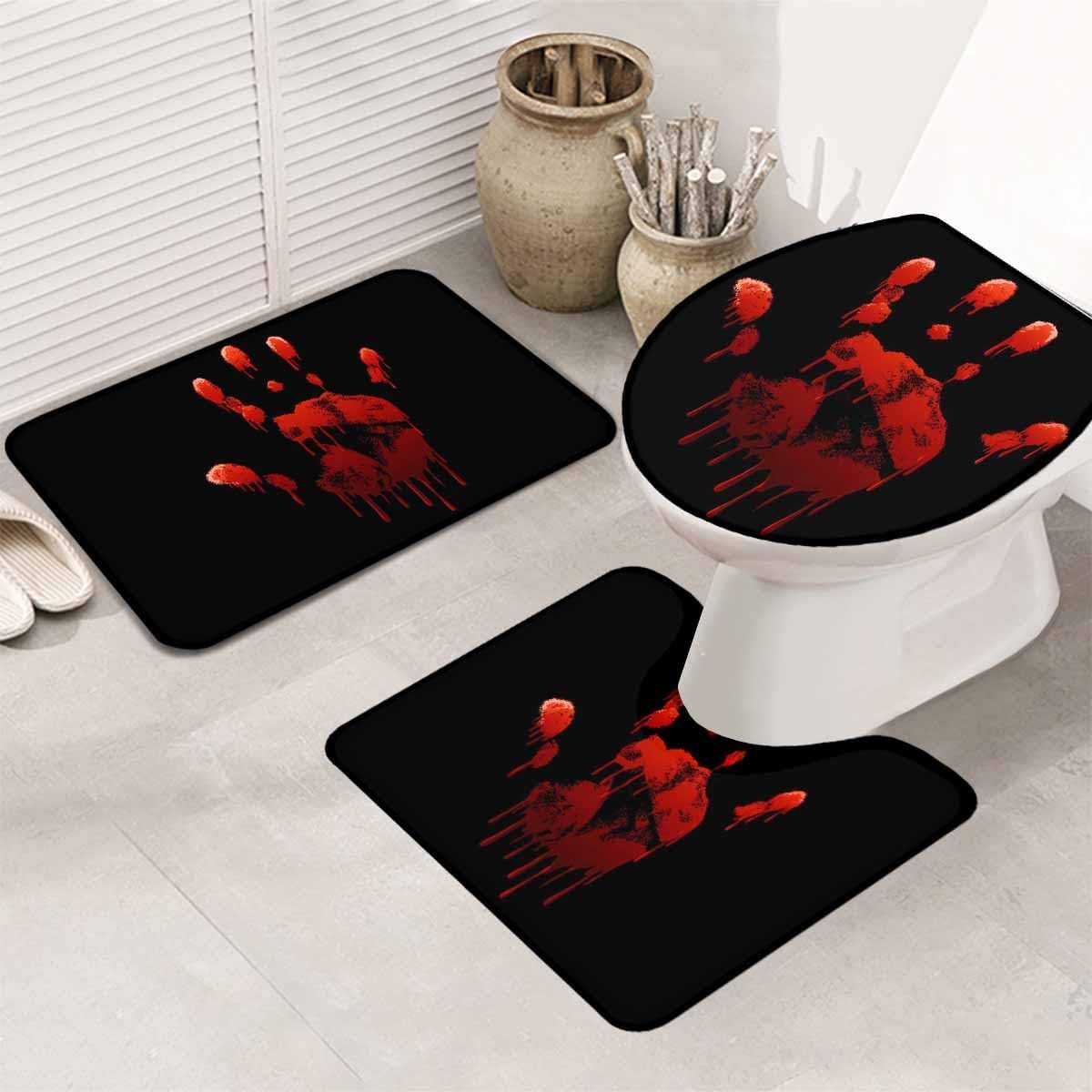 LooPoP Halloween Bathroom Rugs and Mats Sets 3 Piece Red Blood Hands Bath Sets Non Slip Bath Rug Set with U Shape Rug Black Bloody Hand Contour Toilet Rugs for Bathroom Floor Holiday Decor Small Size