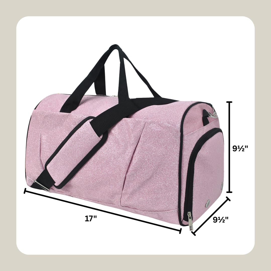 NGIL Glitter Cheers Sports Gym Duffel with Shoe Compartment and Small Carry on Travel Tote Bags for Women, Gym bag, Overnight bags for Women, Cheer Bag (Glitter-Pink)