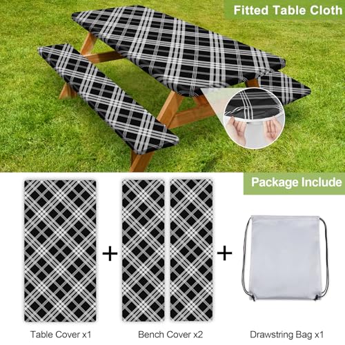 Image of Picnic Table Cover with Bench Covers 6FT 3 Pcs Waterproof Windproof Aesthetic Camping Tablecloth with Drawstring Bag, Fitted for 6 Foot Rectangle Tables and Seats, 72 inch, Black Grey Checkered