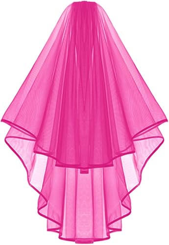 Miniatura 2 de Velo de boda cascada con borde de cinta doble rosa intenso con peine y banda de satén para novia, suministros de decoración de despedida de soltera