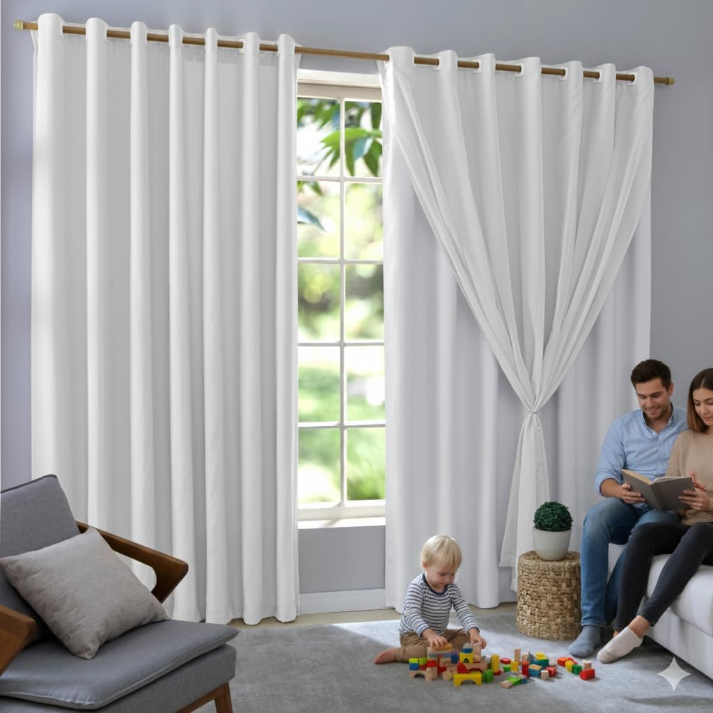 Cortina Blackout/Blecaute 2,80m x 1,80m Com Voil Quarto/Sala/Casa Corta Luz - Voil em Tecido com Ilhós Blecaute (Branco)