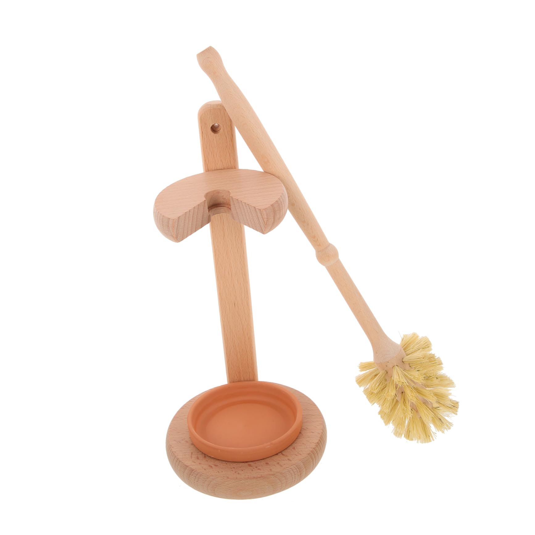 Cepillo Limpiador de Baño y Soporte de Cerámica y Madera con Cerdas Suaves para Almacenamiento Conveniente en Baño U Oficina