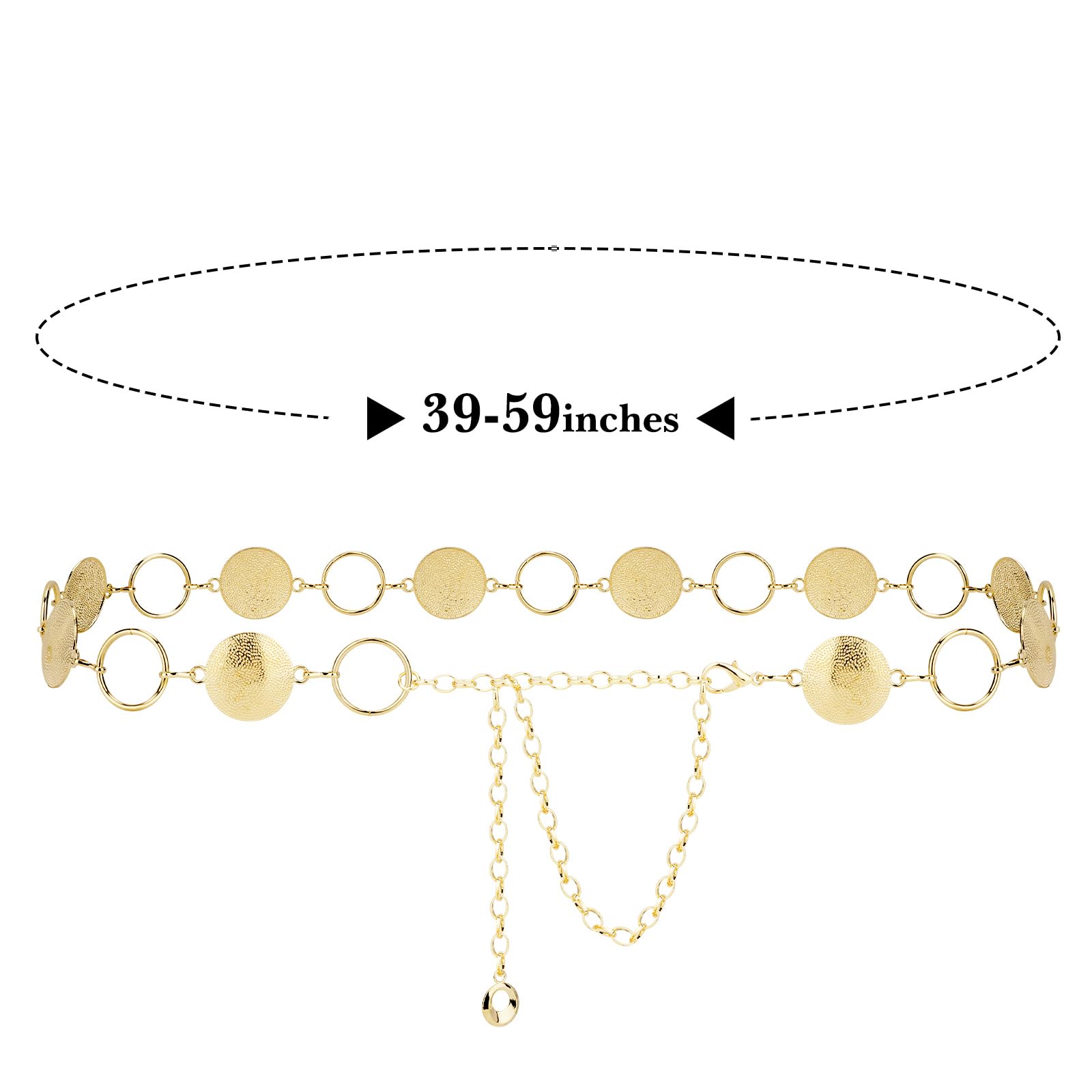 Cinturón de cadena de talla grande para mujer, con piezas redondas de metal, cadena para cintura y vientre, cadena extra larga, ajustable de 39-59 Inch (XXL)