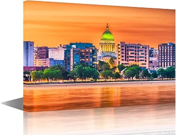 TUMOVO Canvas Wall Art for Living Room USA Downtown Skyline at Dusk Modern Home Decor Madison Wisconsin Cityscape HD Printed Posters Artwork for Bedroom Office Pictures Ready to Hang, 24L x 16W