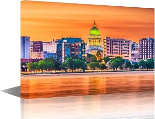 TUMOVO Wall Art Painting Madison Wisconsin Skyline at Dusk Bedroom Living Room Wall Decor USA Cityscape Framed Modern Pictures 1 Piece Canvas Prints Artwork for Office, 18L x 12W