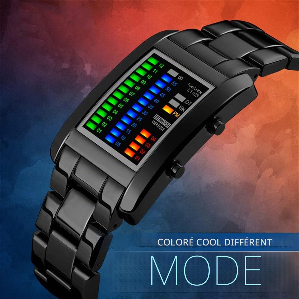 TONSHEN Conception Unique Binaire Montre Bracelet Homme et Femme Garçon, 50M Etanche LED Digital Cool Acier Inoxydable Mode Montre Date Calendrier Semaine 4 Couleur Lampe Montres Rectangulaire
