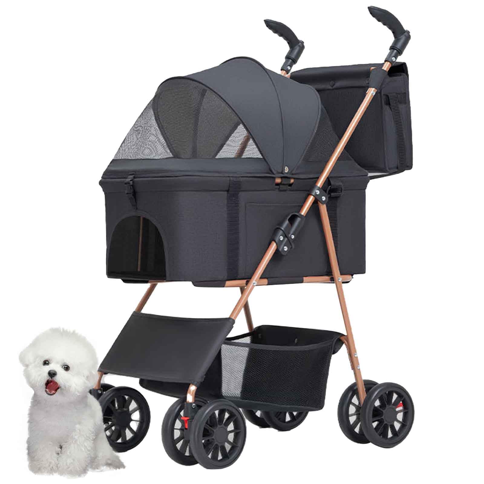 Passeggino per Cani, Passeggino per Gatti, Passeggino per Cani Pieghevole 3 in 1 con Cestino Portaoggetti, Cinture di Sicurezza, Ideale per Viaggi/Veterinario/Shopping,Nero