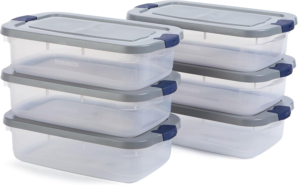 6 Pack Roughneck Clear Storage Containers, Stackable Totes, 31 Quart