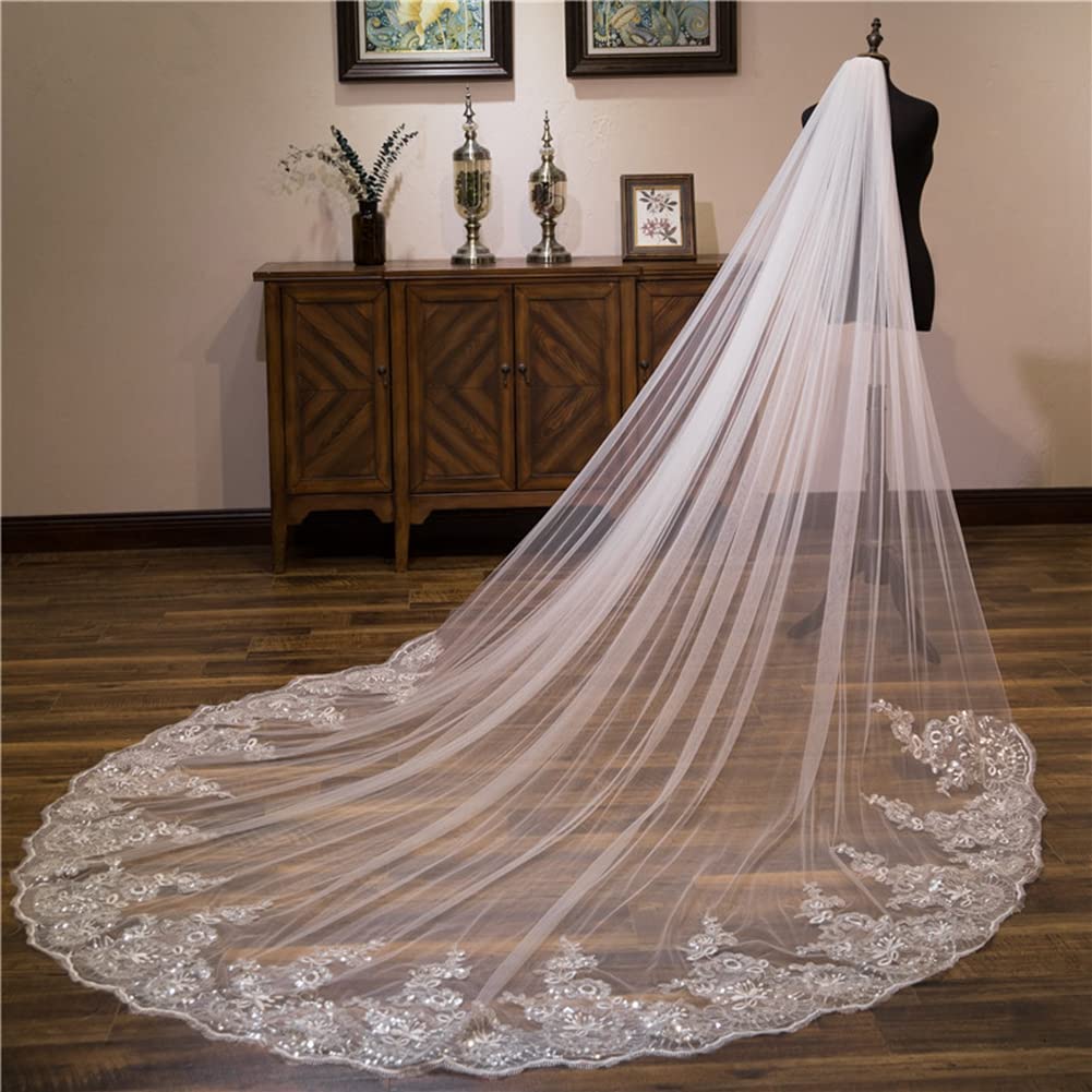 3 m Long voile de mariage église mariage voile de mariée tulle bord appliques voile avec peigne dentelle paillettes tulle doux pour mariée studio photo accessoires robe de mariage
