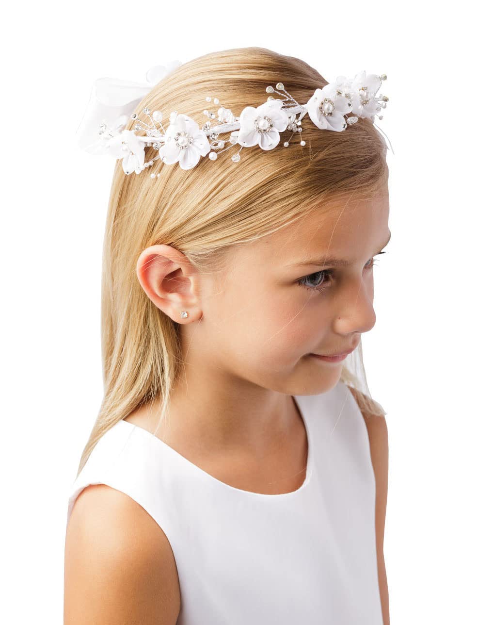 Girls' White Pearl Rhinestone Center Floral Crown First Communion Flower Girl Head Wreath with Veil