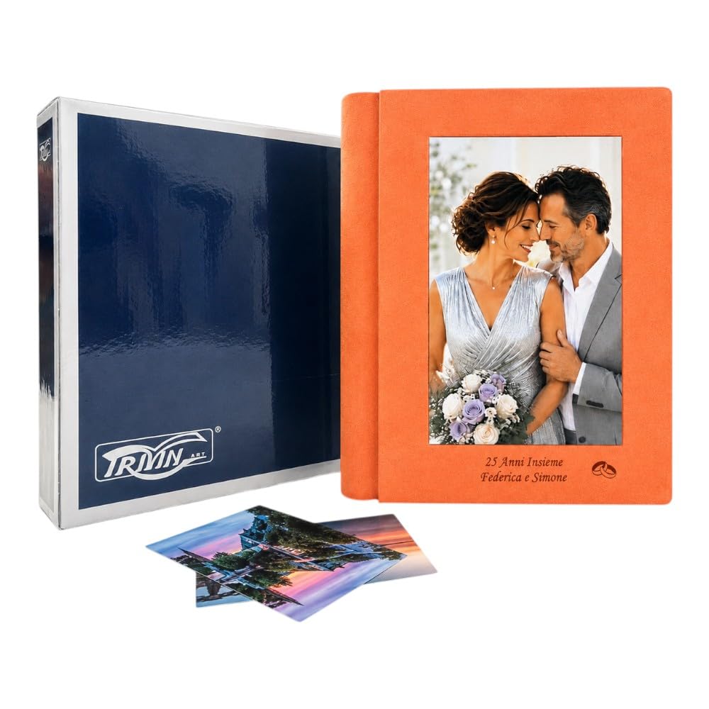 Álbum de fotos – Júpiter Fotos – de tejido efecto Alcántara con foto central acolchada plastificada, con grabado, clásico con papel de seda, para boda, comunión, aniversario, boda, color naranja