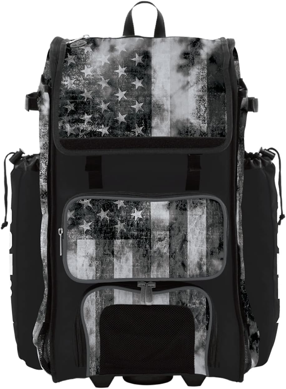 Boombah Rolling Catchers Superpack 2.0 Baseball/Softball Gear Bag - 23-1/2" x 13-1/2" x 9-1/2" - USA Old Glory Black Ops Black/Charcoal/White - Telescopic Handle - Holds 4 Bats - Wheeled Version
