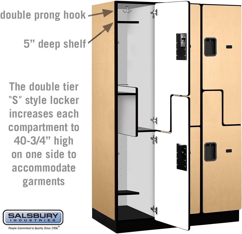 Salsbury Industries 2-Tier S-Style Extra Wide Designer Wood Locker with Three Wide Storage Units, 6-Feet High by 21-Inch Deep, Maple