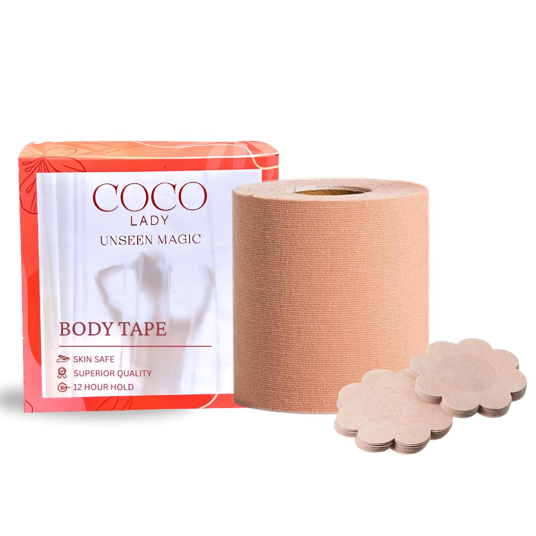 Premium Boob Tape for Breast Lift & Shaping with 4 Free Nipple Covers | Strong Hold, Skin-Friendly & Waterproof | Invisible Support for Backless, Strapless Dresses & Deep Necklines | 5m