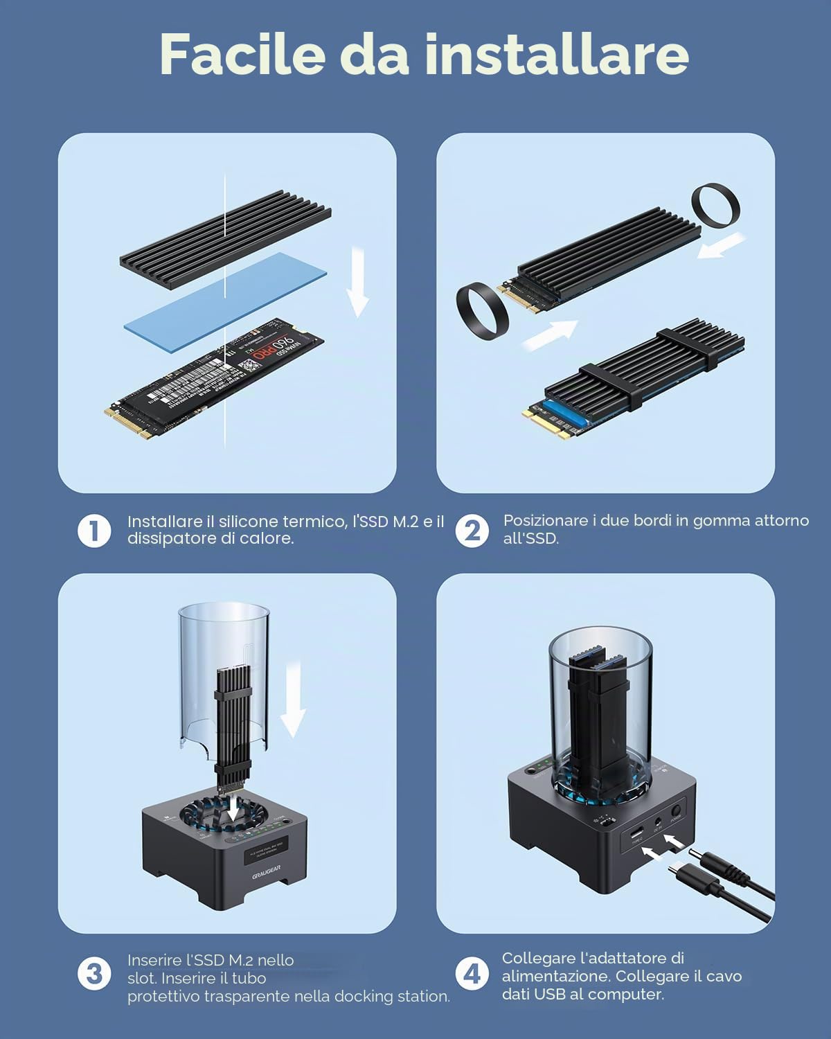 M.2 NVMe SSD Clone Station per M.2 PCIe, M-Key, USB3.2 Gen2x2 20Gbps docking station, 60 mm, alimentatore di rete