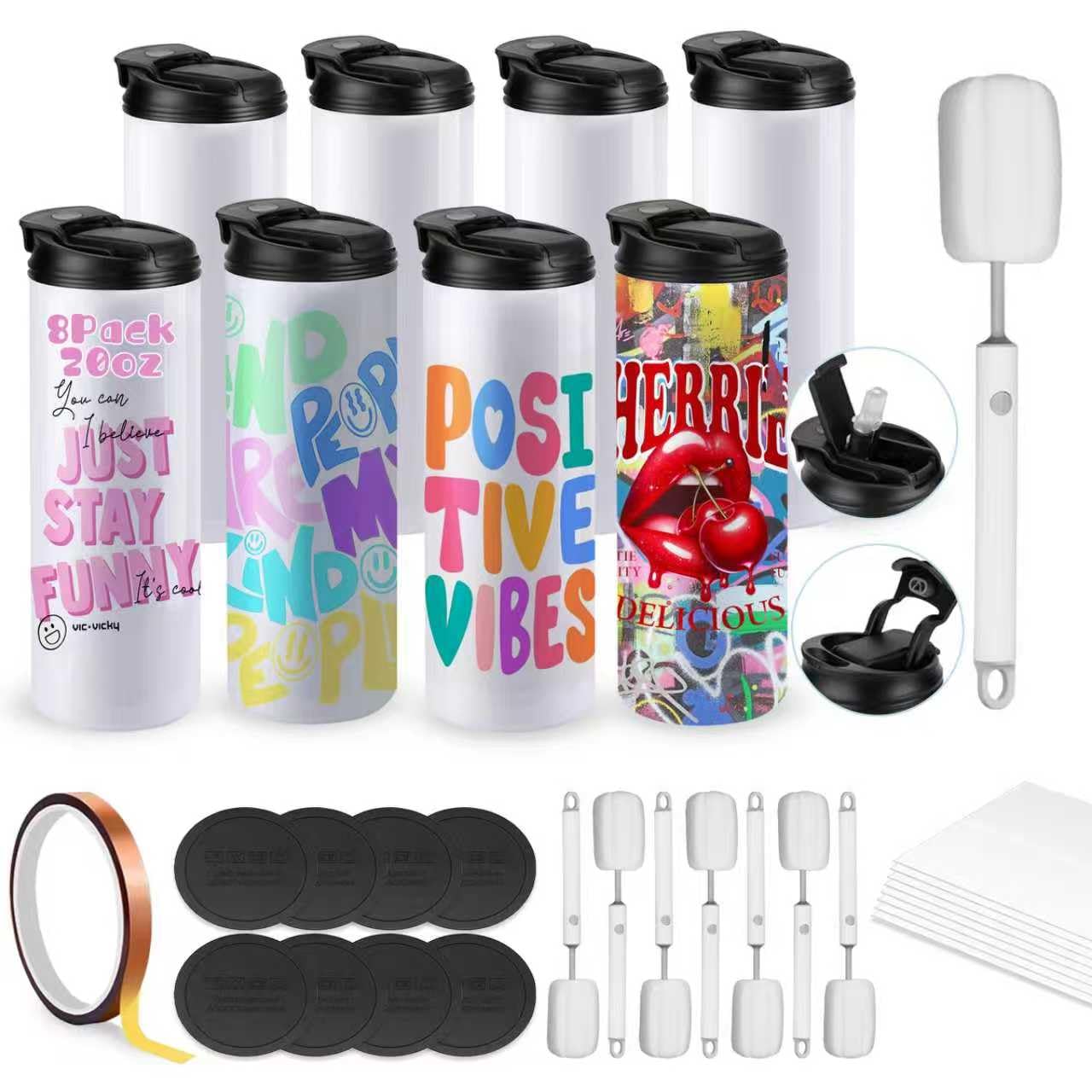 Caffoltgo Sublimation Cups 8 Pack Sublimation Water Bottle 20 oz Stainless Steel Tumbler Straight Sports Bottles Mugs with Portable Sippy Up Lid with Straw,for Tumbler Heat Press