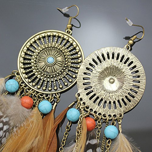 Rechicgu Brown And Vintage Gold Western Cowgirl Vintage Big Dream Catcher Feather Coral Turquoise Bead Style Moon Hoop Drop Earrings #TOP5