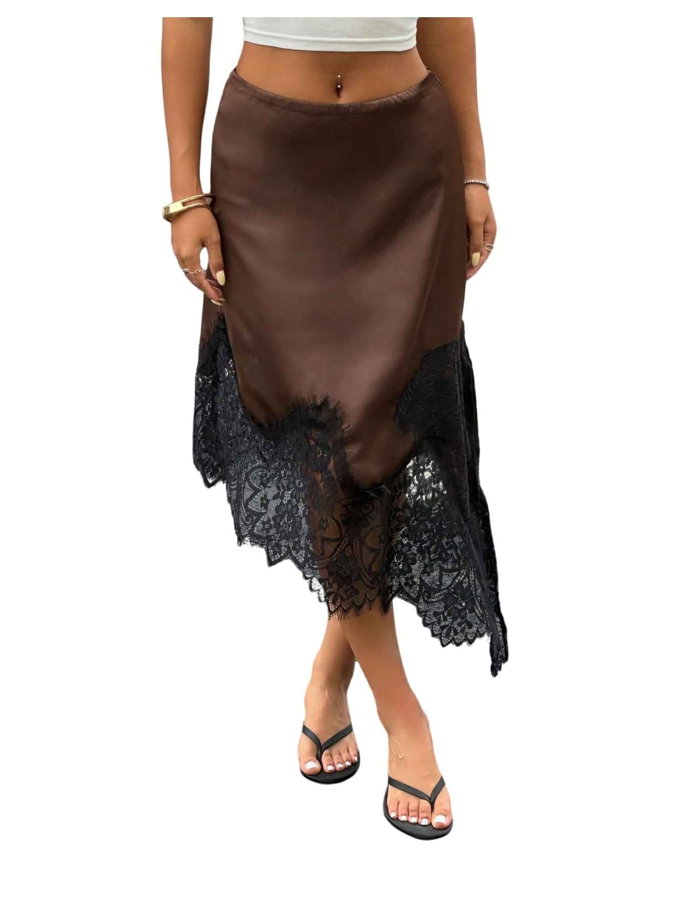 Floerns Women's Elegant Satin Midi Skirt Casual Low Rise Lace Slit Asymmetrical Hem Going Out Skirt