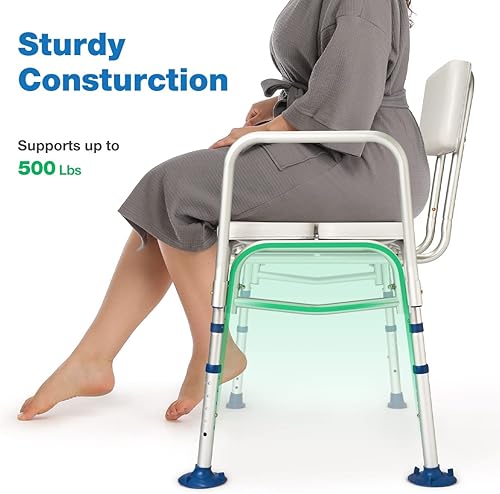 Miniatura 6 de GreenChief Banco de ducha acolchado para bañera de 500 libras, silla de ducha resistente ajustable, banco de transferencia con brazos y respaldo