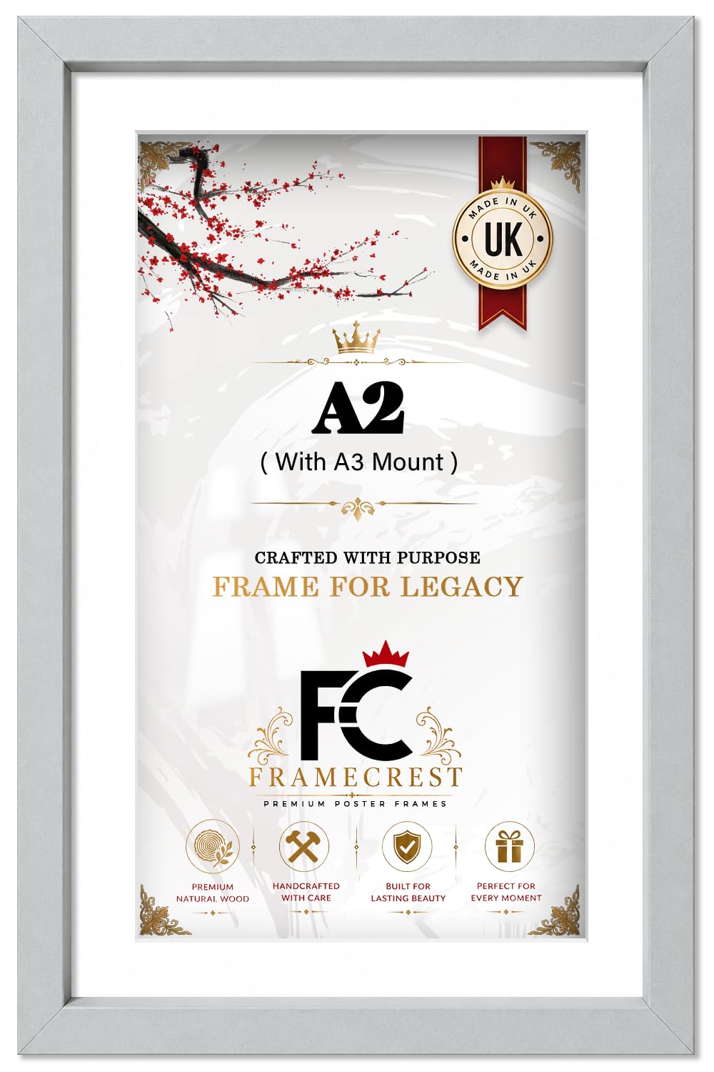 FRAMECREST LTD - A2 Poster Frame (41.90 X 59.40 CM) With A3 White Mount (29.70 X 41.90 CM) With Matted Border For Artwork And Photos In Portrait Or Landscape | Modern Wall Display - [Light Grey]