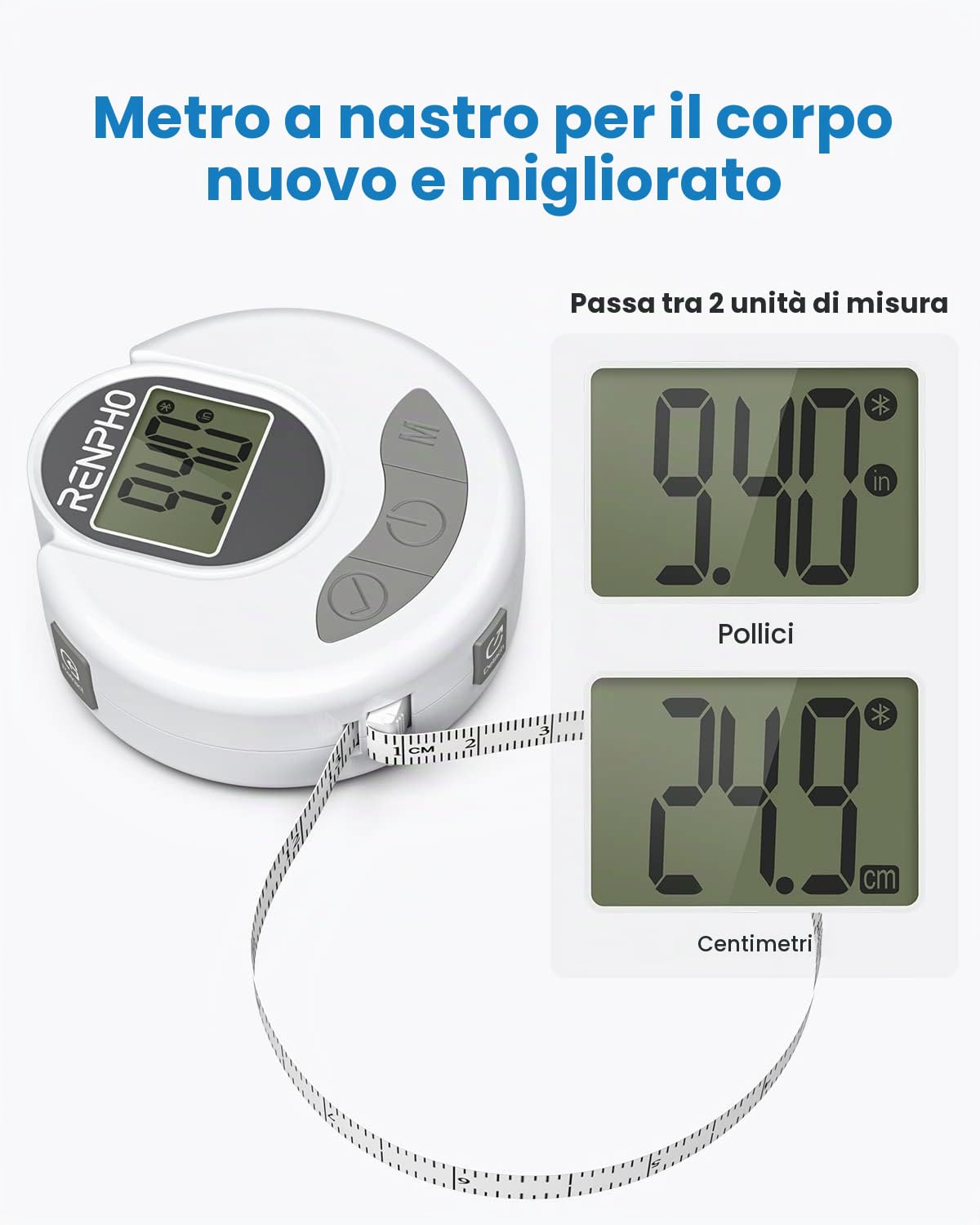 RENPHO Metro Sarta Smart a Nastro Digitale, Misurazione Bluetooth, Perdita di Peso, Aumento Muscolare, Retrattile, Misura Delle Circonferenze Del Corpo