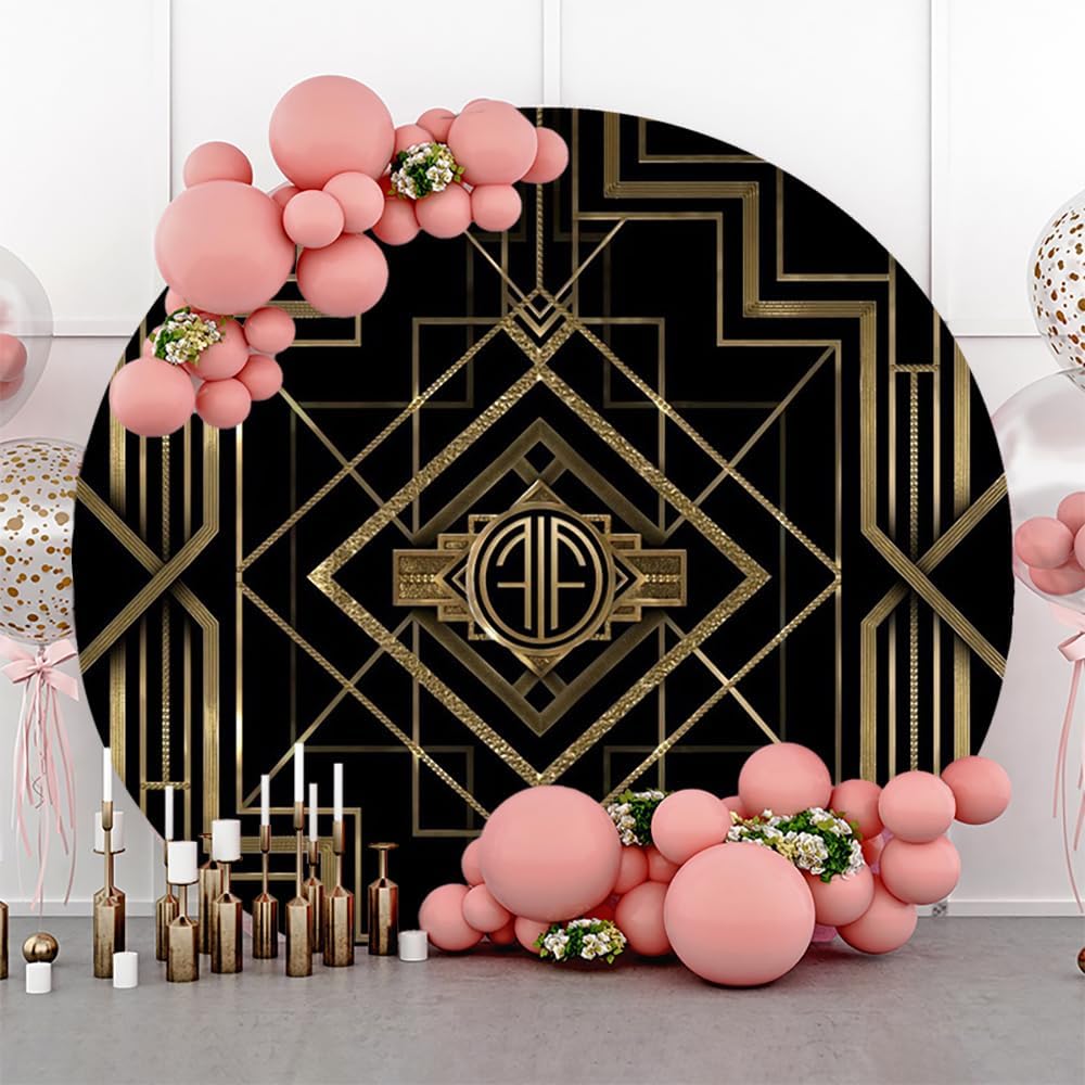 Renaiss 7.2x7.2ft Gatsby Theme Round Backdrop Cover Retro Roaring 20s 20's Circle Photography Background Gold and Black Back to 1920s Vintage Carnival Prom Birthday Party Decor Arch Photo Booth Props