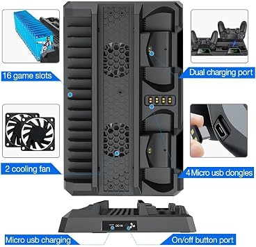 Ps4 Slim Ps4 Pro Dual Fan Vertical Cooler and Arm Charger Game Storage