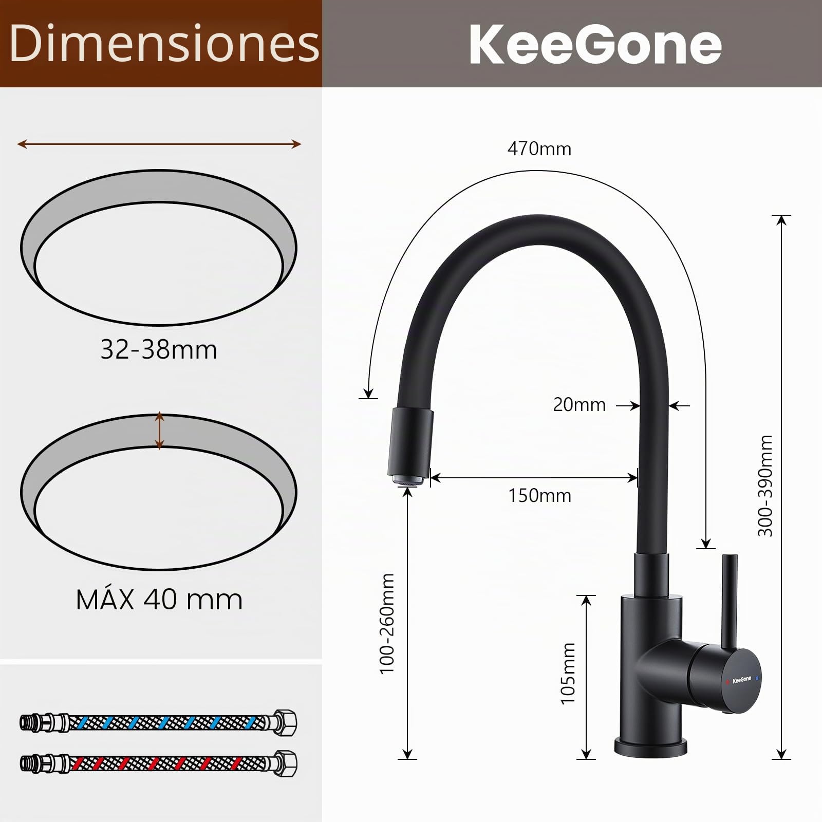 Grifo de Cocina Negro Cabezal Rociador Flexible, Extraíble Ahorrar Agua | Acero Inoxidable, Mezclador Giratorio de 360°, Aireador