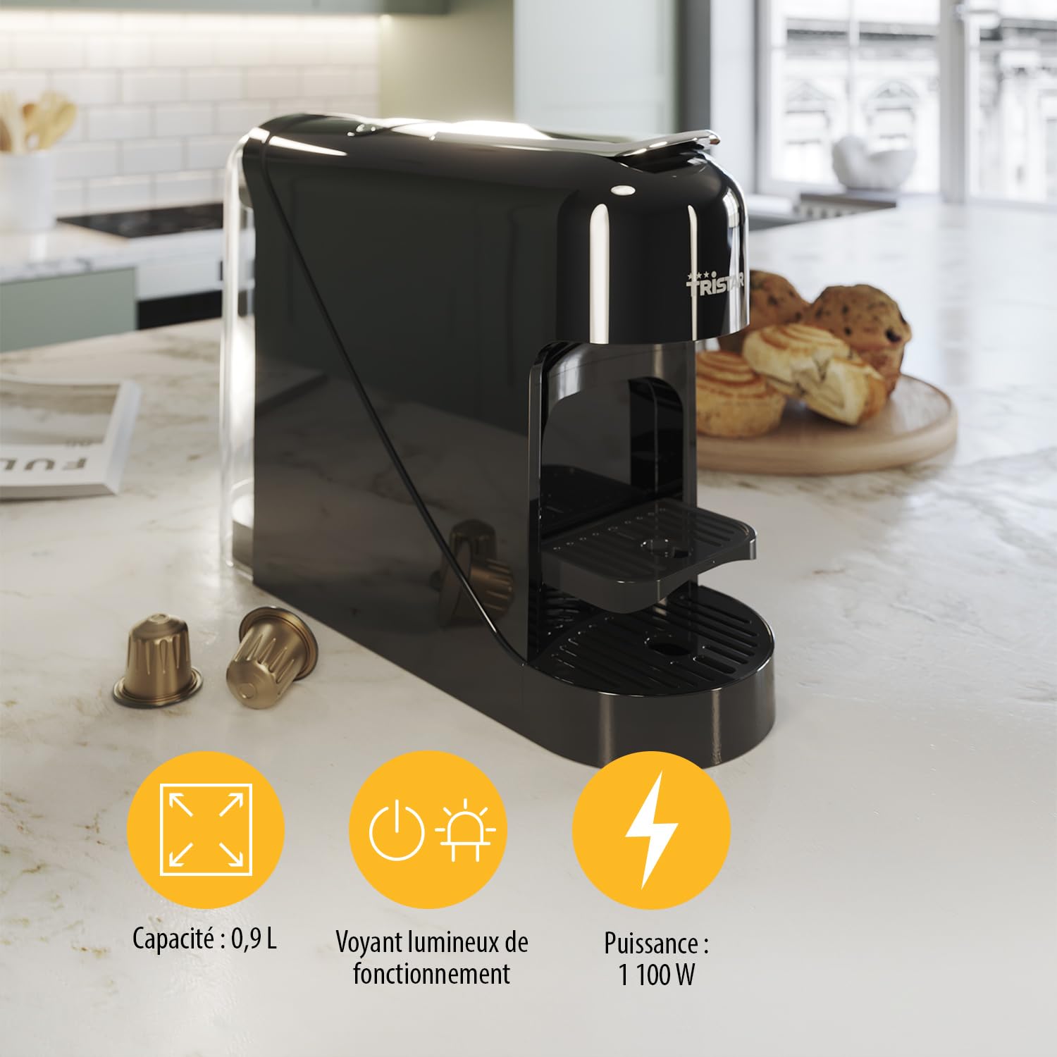 Tristar Machine à Café à Capsules, Réservoir 0,8 l, 1400 W, Compatible avec Capsules Nespresso, Bac d’égouttage Amovible, Arrêt Automatique, CM-2302