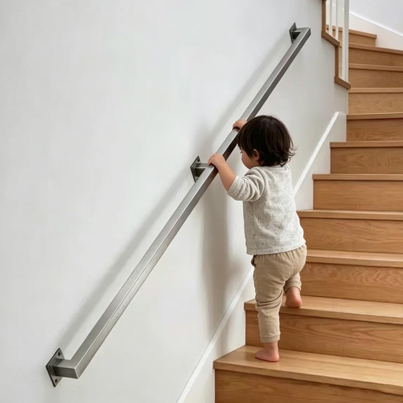 304 Stainless Steel Staircase Banister Hand Rail for Stairs - Complete Kit. 30cm-600cm Industrial Stair Railings, Safety Sturdy Grab Bars Steps, Wall Mounted Handrail(17ft/5.1m)