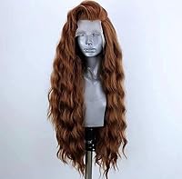 Vista 2 de Peluca larga de encaje sintético con frente de encaje para mujeres de color, pieza libre, peluca de cabello ondulado marrón, fibra resistente a