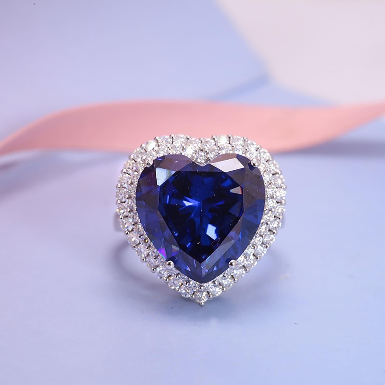 Anello per gioielli in oro bianco 14 carati 585, anello per l'eternità, fedi nuziali in laboratorio, con zaffiro 4 carati, cuore blu, oro 14 carati, con moissanite da donna, misura 61, Oro