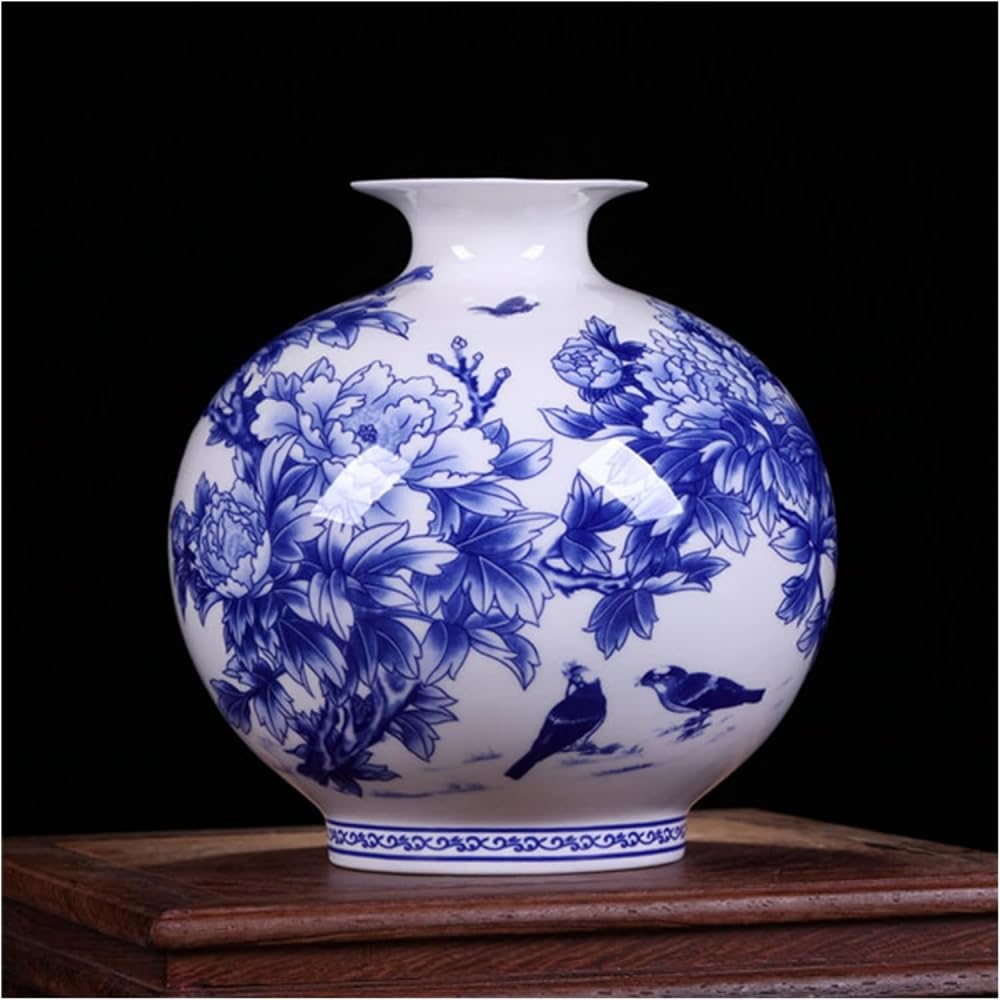 asdchZen Vase Blue And White Porcelain Vases Ceramic Jingdezhen Blue And White Porcelain Vases Fine Bone China Vase Peony Decorated Ceramic Vase Vase Decorative Vase,One Color-A:High 18 cm