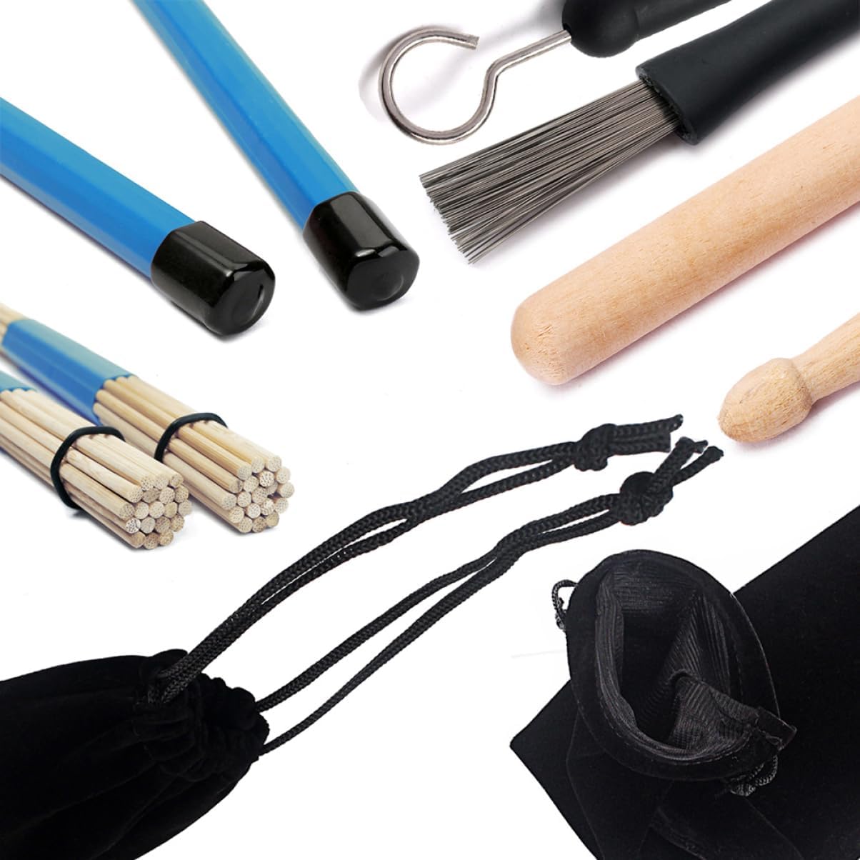 SHOWERORO 5a Maple Drumsticks Black Drum Brushes and Portable Storage Bag for Jazz and Acoustic Music Lightweight and Drum Accessories Set