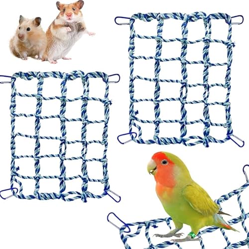 CQJ 2 Pcs Rat Climbing Ropes for Cage Accessories - Rat Toys with 12.6 x 9.84 inch Hammock, Cotton Rope Bridge for Bird, Ladder with 4 Silver Hooks (Blue)