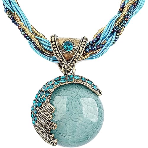 Harlorki Women Lady Handmade Retro Vintage Bohemian Style Twist Woven Rope Chain Turquoise Rhinestone Pendant Collar Necklace Fashion Jewelry
