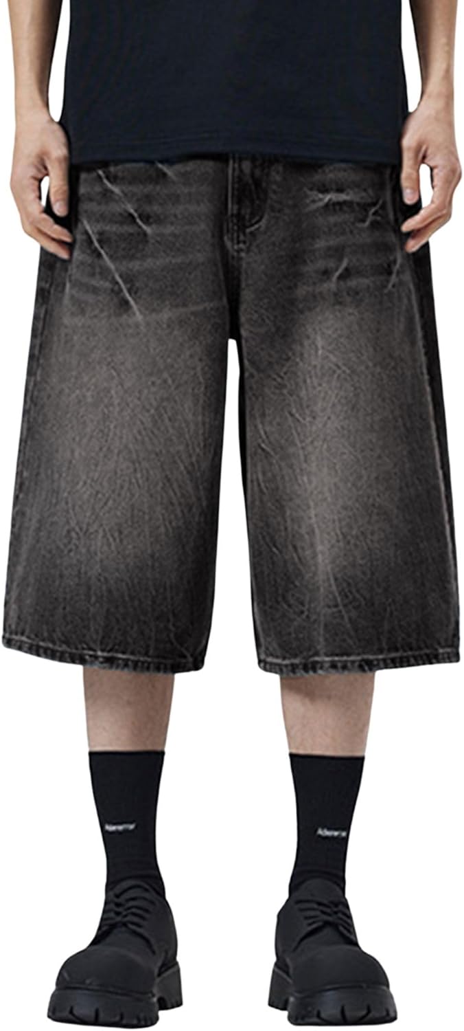 Vamtac Mens Baggy Jean Shorts Y2K Washed Long Denim Shorts Casual Loose Fit Streetwear Jorts