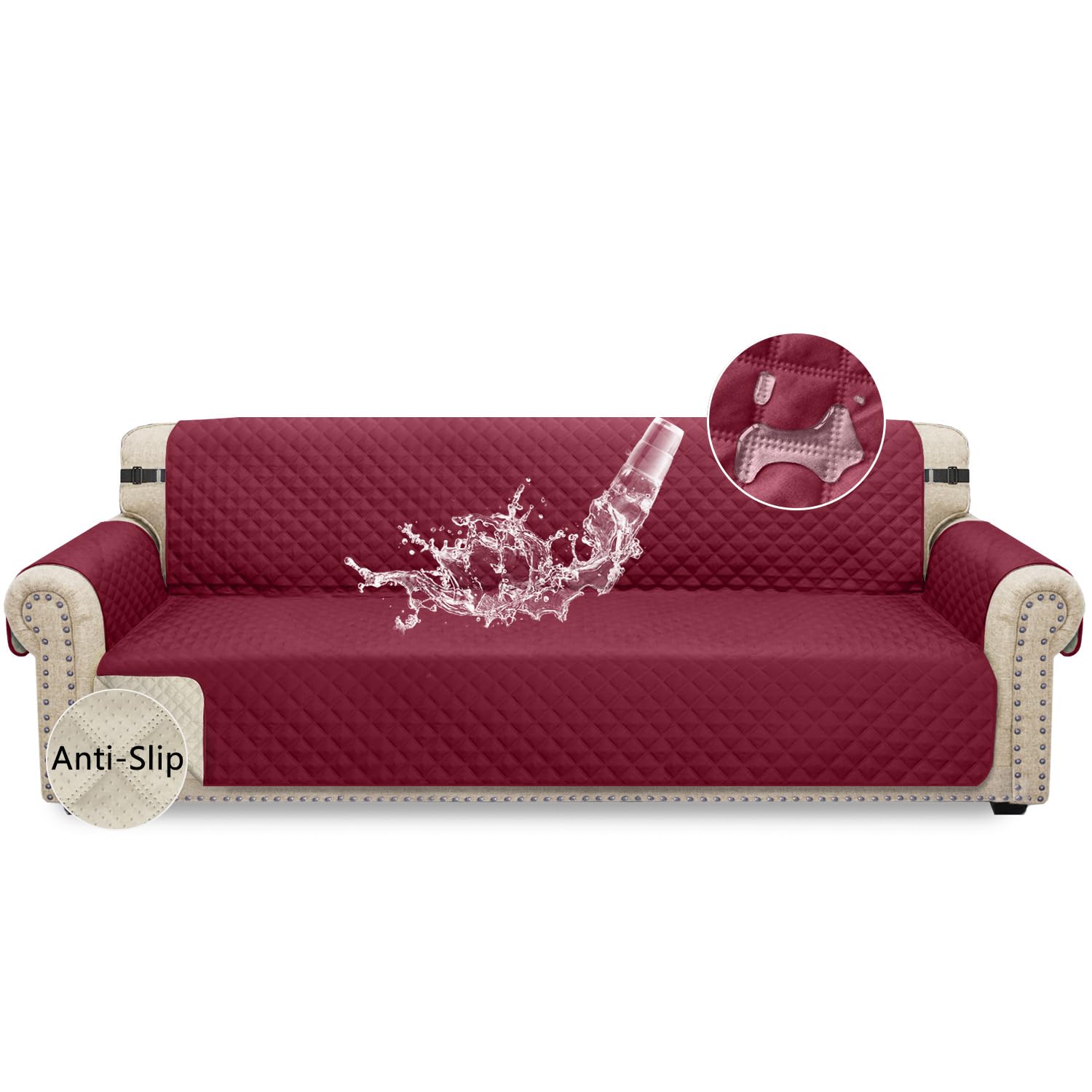 Granbest Waterproof Oversized Sofa Cover 4 Seater Non-Slip Extra Large Sofa Slipcover with Elastic Straps, Washable Sofa Protector for Kids, Pets, Dogs Four Seasons Universal (4 Seater, Wine Red)
