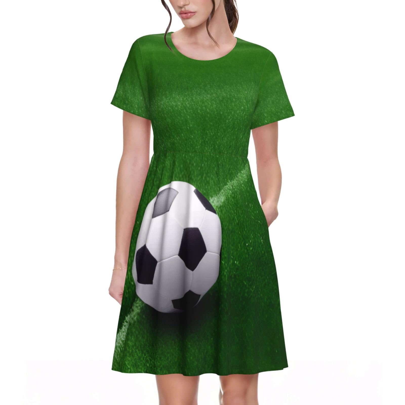 Women's Summer Short Sleeve Dresses Crew Neck Sundress Football On Grass Beach Pleated Dress Casual Loose Swing Elastic Waist Midi Dress with Pockets