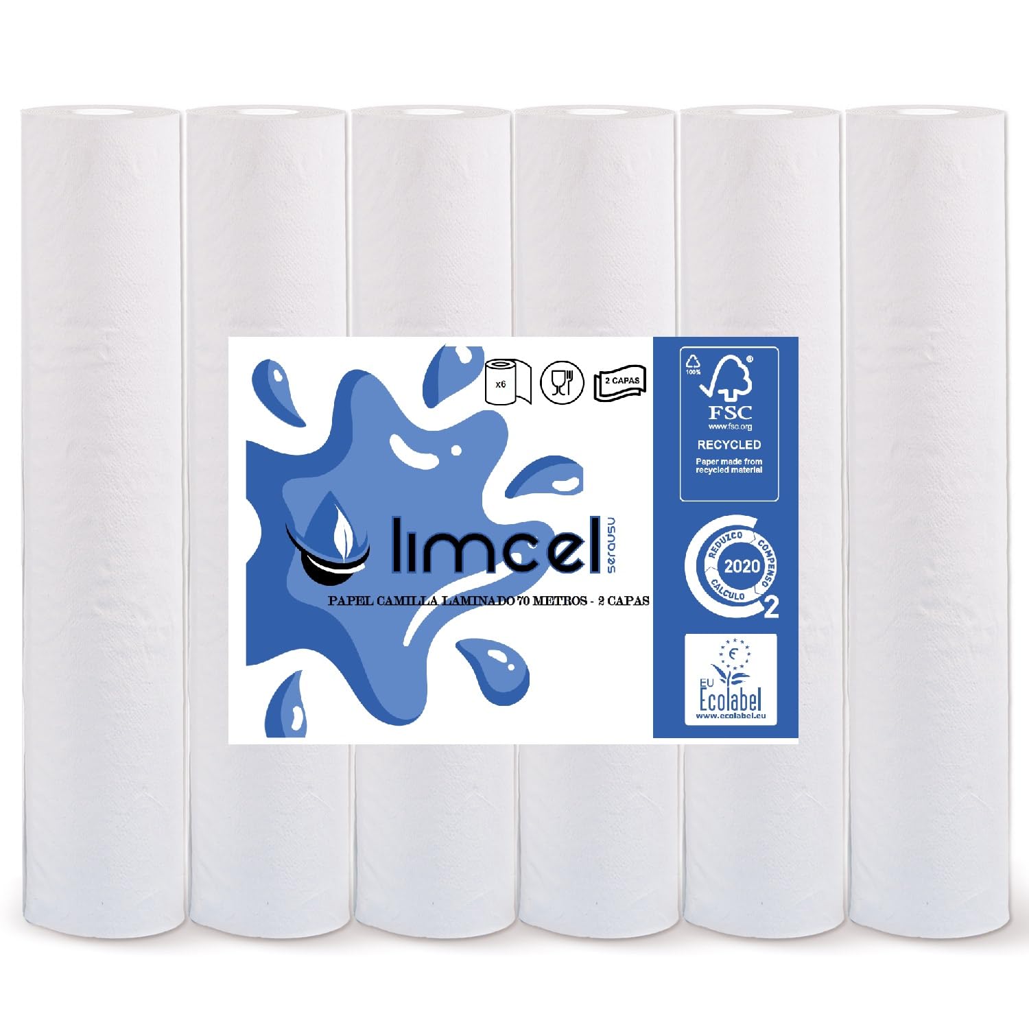 Rollo papel Camilla 2 capas ecologico alta resistencia 70 metros Gofrado con Precorte 50 Centimetros (6 Rollos) - Rollos retractilados individualmente.