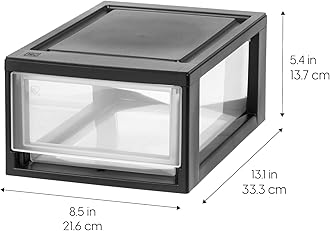 IRIS USA 6 Quart Compact Stacking Storage Drawer, Plastic Drawer Organizer with Clear Doors for Undersink, Kitchen, Pantry, Desk, and Home De-Clutter, Store Shoes and Craft Supplies, 4-Pack, Black