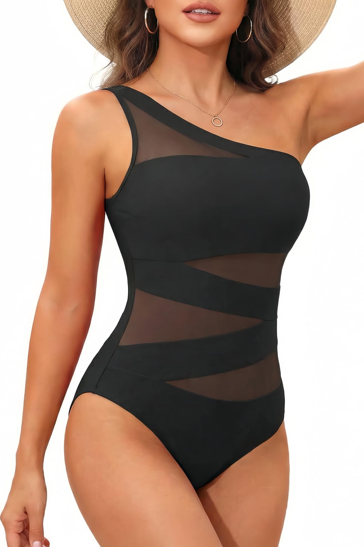 Tempt Me Women One Piece Swimsuit - One Shoulder Bathing Suits Sexy Cutout Mesh Swimwear