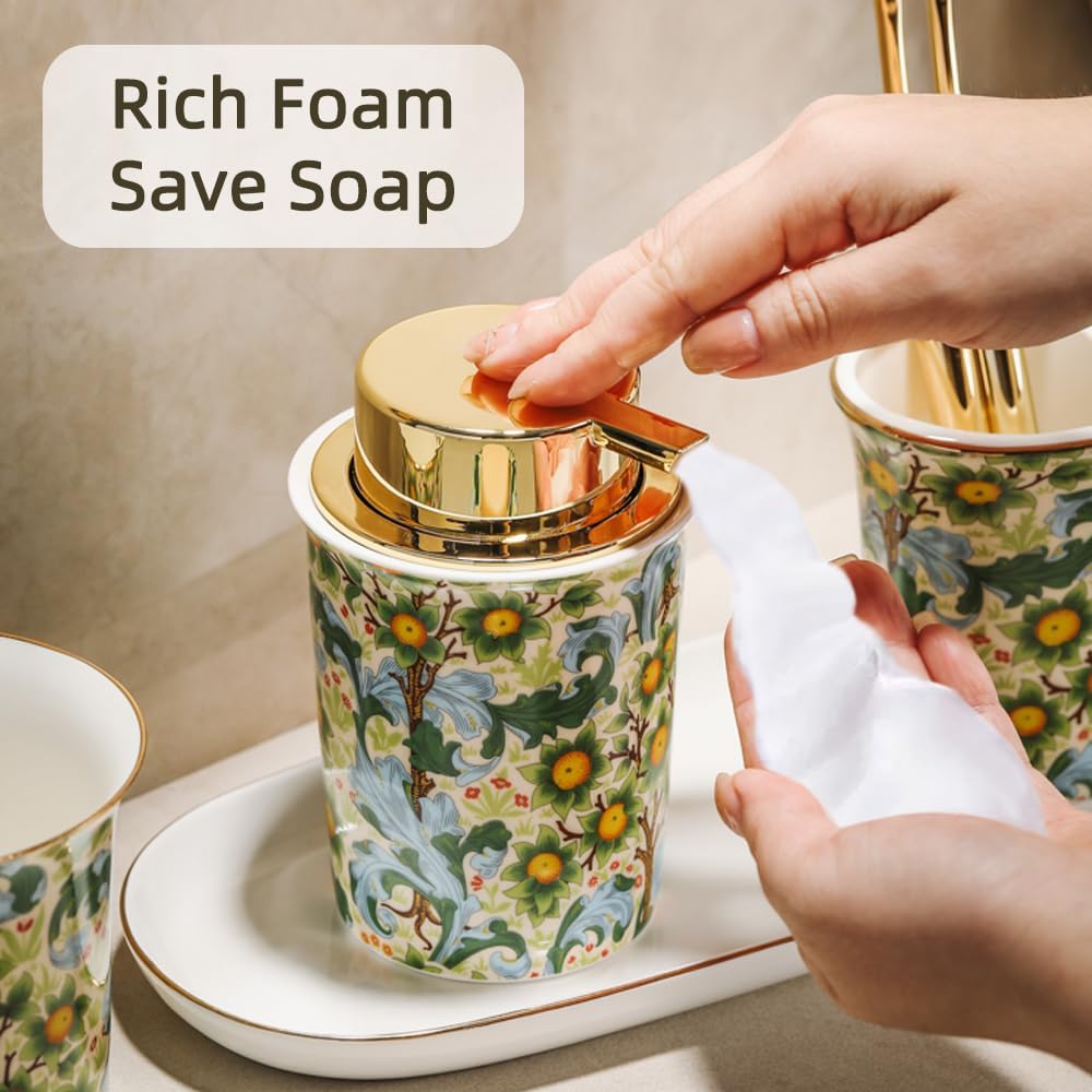 Floral Decorative Foam Soap Dispenser, Vintage Ceramic Hand Soap Pump, Nature Inspired Bathroom Countertop Decor (Style D) - Image 4